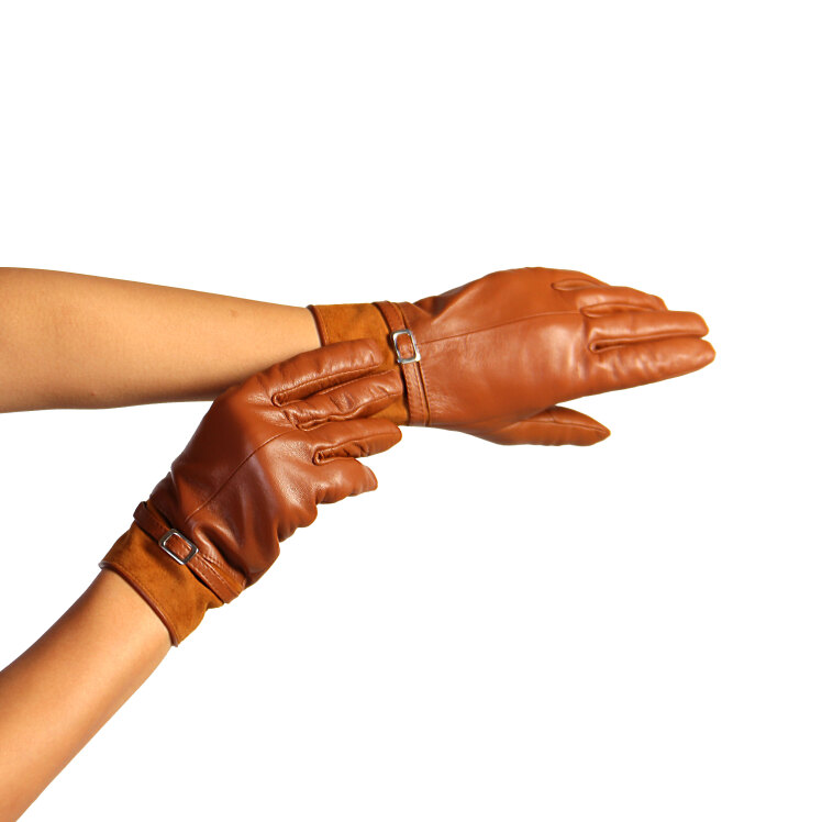 دستکش چرم طبیعی قهوه ای | دستکش چرم زنانه | دستکش زمستانه | دستکش عسلی یا قهوه ای 
